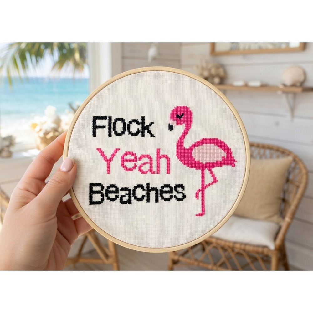 Pink Flamingo – "Flock Yeah Beaches" Quote Counted Cross Stitch Kit - Picture 2 of 5
